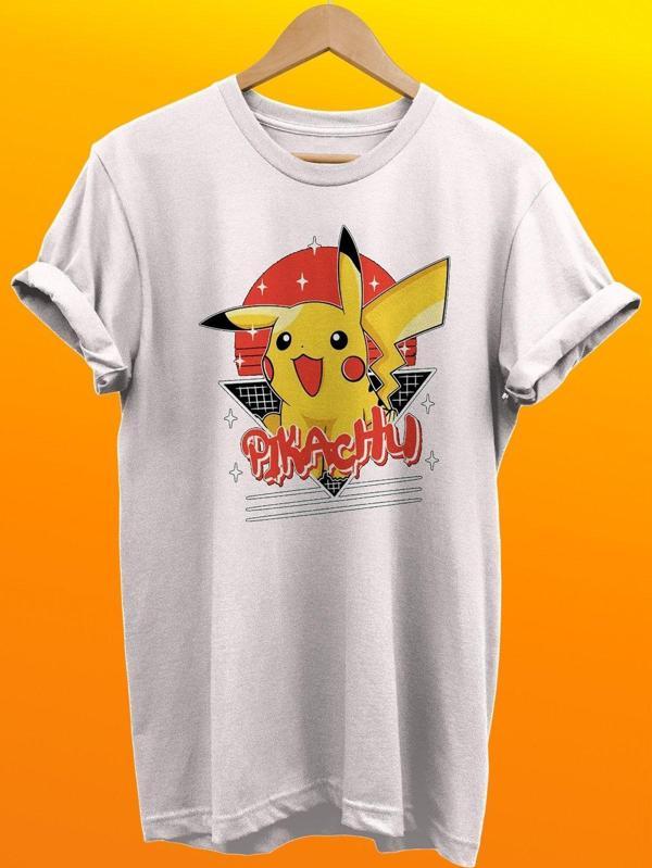 Remonz Pikachu Baskılı %100 Pamuk Basic T-Shirt Normal Beden Tişört - Image 1
