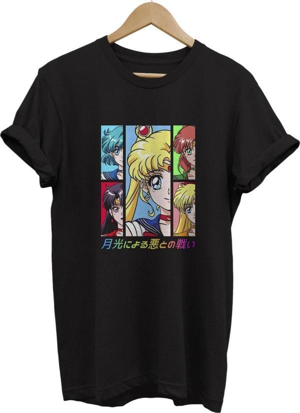 Remonz Sailor Moon Baskılı %100 Pamuk Basic T-Shirt Normal Beden Tişört - Image 1