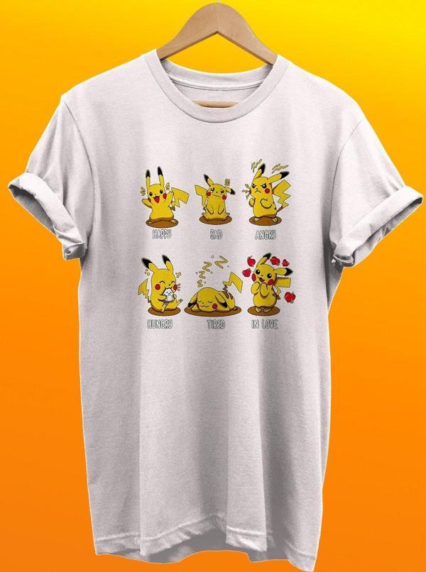 Remonz Pikachu Duygu Durumları Baskılı %100 Pamuk Basic T-Shirt Normal Beden Tişört - Image 1
