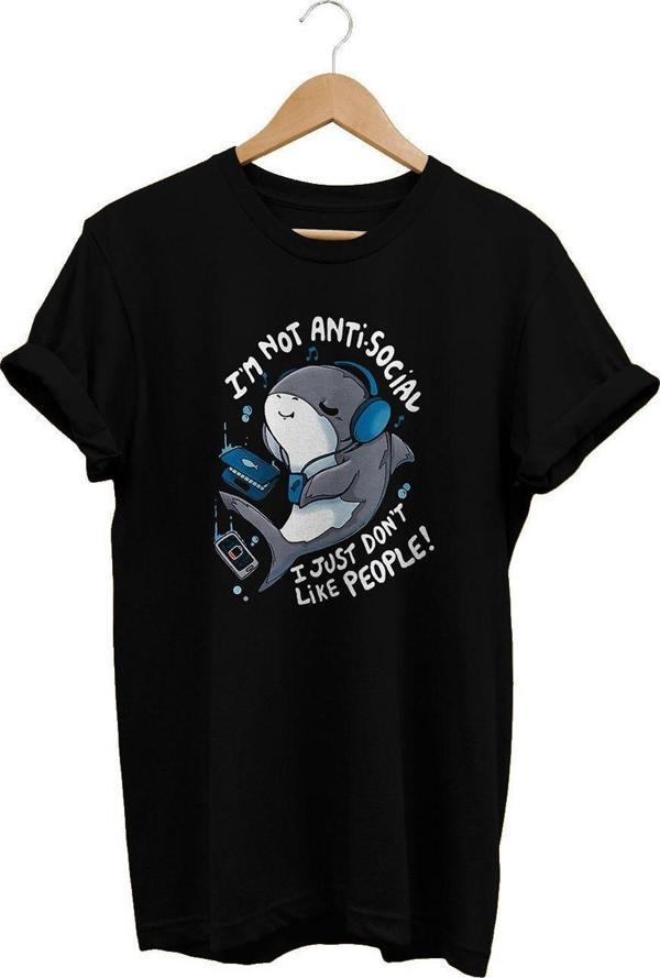 Remonz Antisosyal Yunus Baskılı Siyah, %100 Pamuk Basic (Normal Beden) T-Shirt - Image 1