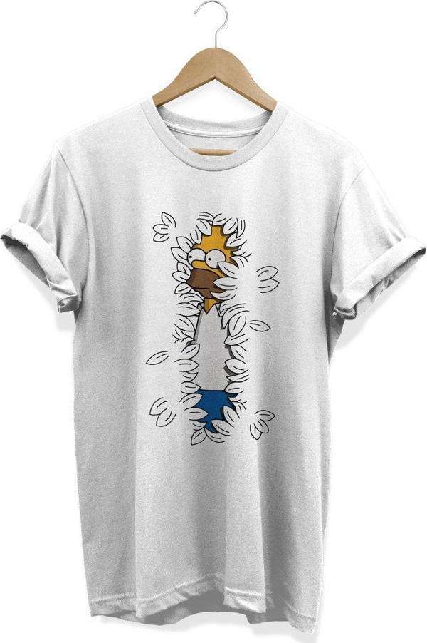 Remonz Homer Simpson Hiding Saklanan Homer Baskılı Beyaz T-Shirt - Image 1