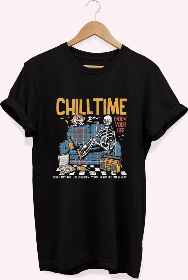 Remonz , Chill Time Baskılı, %100 Pamuk, Bisiklet Yaka, Basic T-Shirt, Normal Beden Tişört - Image 1