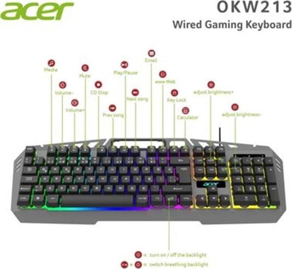 Acer OKW213 Gri RGB Rainbow Backlit Gaming Keyboard Rainbow (Kablo Uzunluğu 1,5mt) - Image 1