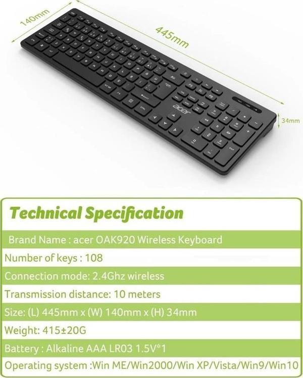 Acer OAK-920 Siyah Kablosuz Klavye 2.4Ghz Caps Lock (Smart Tv- Wifi) - Image 1