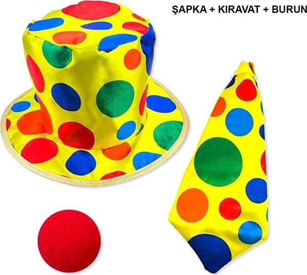 samur parti parti aksesuar & kostüm Renkli Palyaço Kostüm Seti – 3 Parça Aksesuar (Şapka, Kravat, Burun) - Image 1