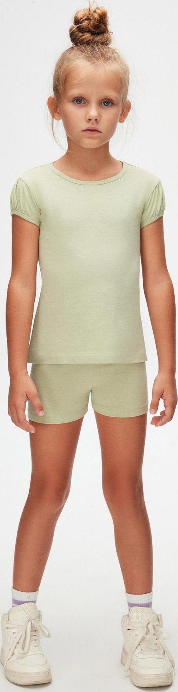 Açık Çağla Yeşil Basic Kız Çocuk Sıfır Yaka Karpuz Kol Tişört - Image 1
