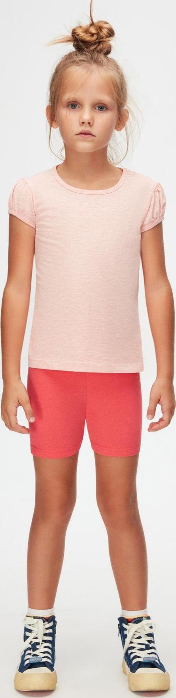 Koyu Pembe Melanj Basic Kız Çocuk Sıfır Yaka Karpuz Kol Tişört - Image 1