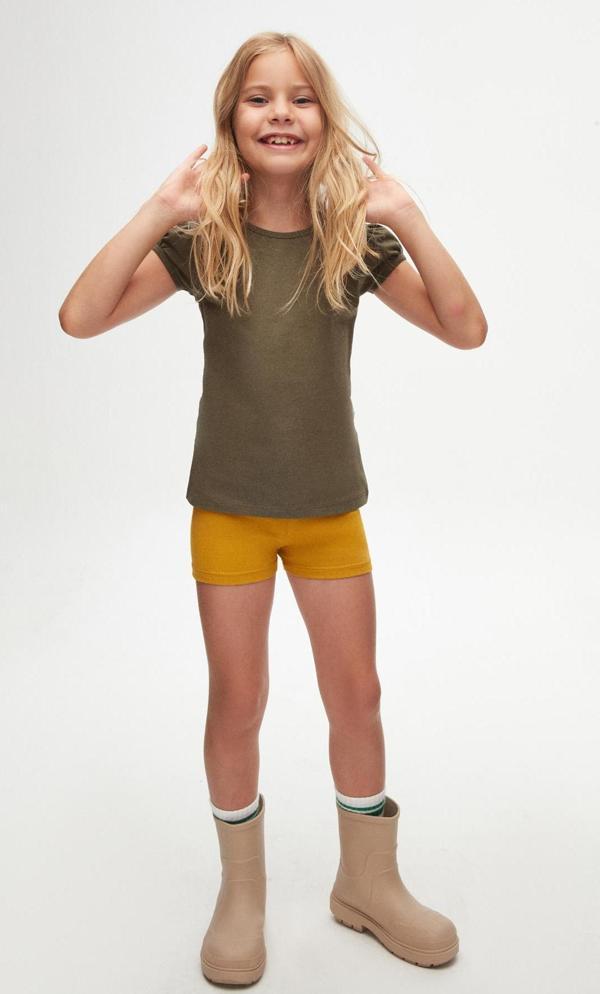 Kamuflaj Yeşil Basic Kız Çocuk Sıfır Yaka Karpuz Kol Tişört - Image 1