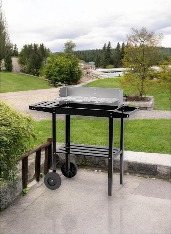 Pratik Kömürlü Mangal Rüzgar Korumalı Barbekü-Yan ve Orta Raflı Tekerlekli Mangal - Image 1