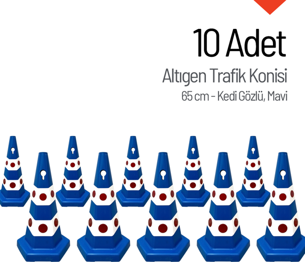 10 Adet Kedi Gözlü Mavi Altıgen Trafik Konisi 65 cm Trafik Dubası Seti - Image 1