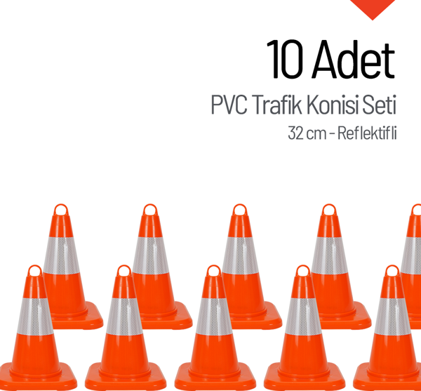 10 Adet PVC Trafik Konisi 32 cm Reflektifli Trafik Dubası Seti - Image 1