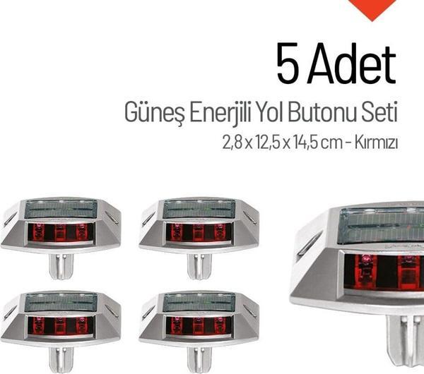 5'li Set Kırmızı Güneş Enerjili Çakar Yol Butonu, Ankrajlı - Image 1