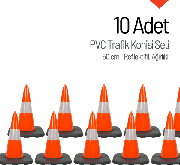 10 Adet PVC Trafik Konisi 50 cm Reflektifli Ağırlıklı Trafik Dubası Seti - Image 1