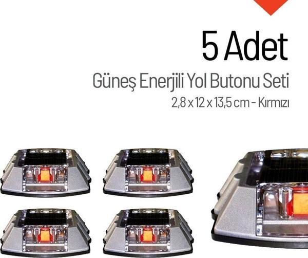 5'li Set Kırmızı Solar Çakar Yol Butonu, Poliüretan Taban - Image 1