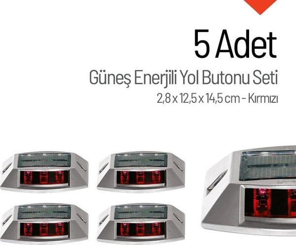 5'li Set Kırmızı Solar Yol Butonu 3x3 Ledli - Image 1