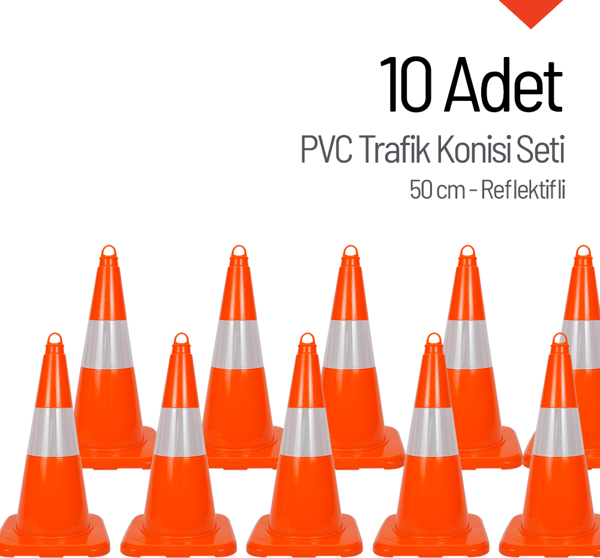 10 Adet PVC Trafik Konisi 50 cm Reflektifli Trafik Dubası Seti - Image 1