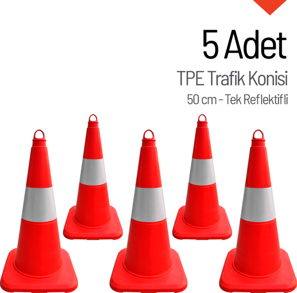 5'li TPE Trafik Konisi Seti 50 cm Tek Reflektifli Trafik Dubası - Image 1