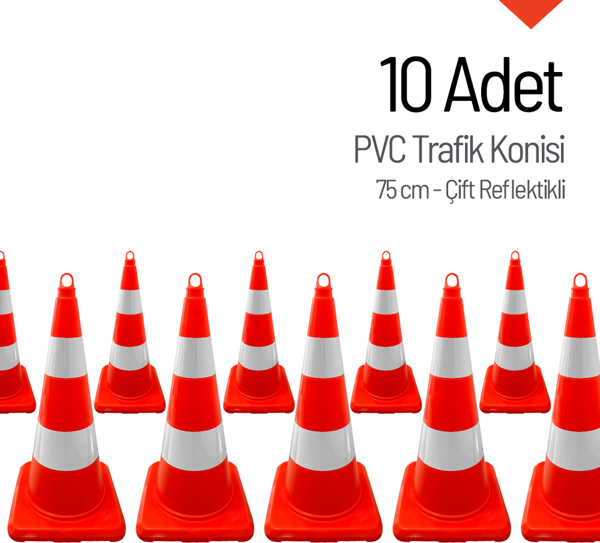 10 Adet PVC Trafik Konisi 75 cm Çift Reflektifli Trafik Dubası - Kampanya Ürünü - Image 1