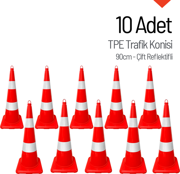 10 Adet TPE Trafik Konisi 90 cm Çift Reflektifli Trafik Dubası Seti - Image 1