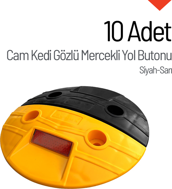 10'lu Cam Kedi Gözlü Mercekli Yol Butonu Seti Siyah-Sarı - Image 1