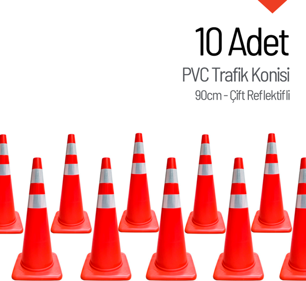10'lu PVC Trafik Konisi Seti 90 cm Çift Reflektifli  - Image 1
