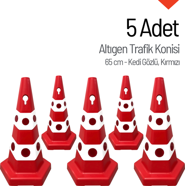 5 Adet Kedi Gözlü Altıgen Trafik Konisi 65 cm Trafik Dubası Seti - Image 1