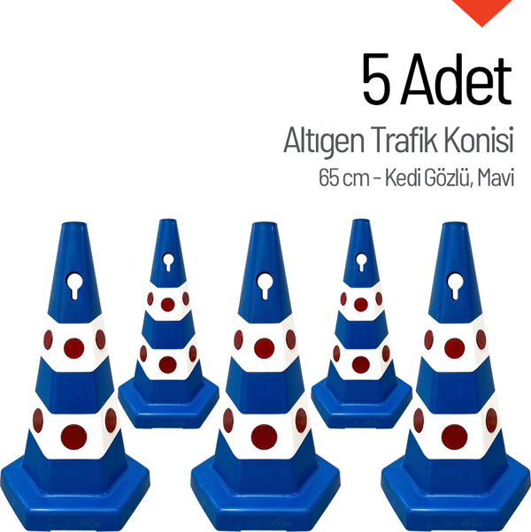 5 Adet Kedi Gözlü Mavi Altıgen Trafik Konisi 65 cm Trafik Dubası Seti - Image 1