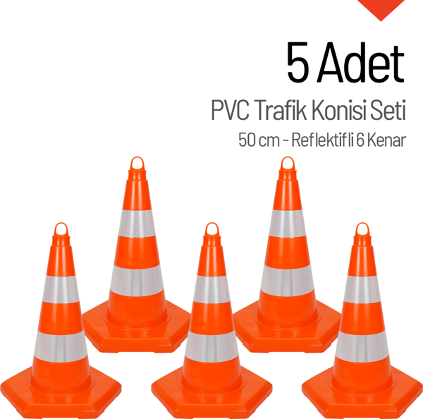 5 Adet PVC Trafik Konisi 50 cm Reflektifli 6 Kenar Trafik Dubası Seti - Image 1