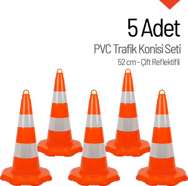 5 Adet PVC Trafik Konisi 52 cm Çift Reflektifli Trafik Dubası Seti - Image 1