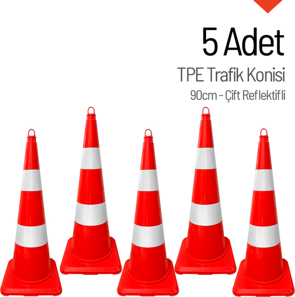 5 Adet TPE Trafik Konisi 90 cm Çift Reflektifli Trafik Dubası Seti - Image 1