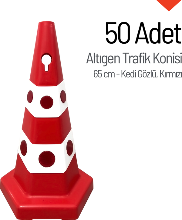 50'li Kedi Gözlü Kırmızı Altıgen Trafik Konisi Seti 65 cm Trafik Dubası - Image 1