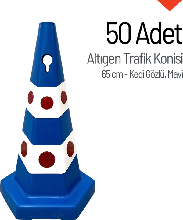 50'li Kedi Gözlü Mavi Altıgen Trafik Konisi Seti 65 cm Trafik Dubası - Image 1