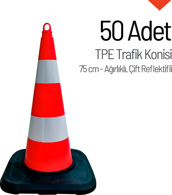 50'li TPE Trafik Konisi Seti 75 cm Ağırlıklı Çift Reflektifli Trafik Dubası - Image 1