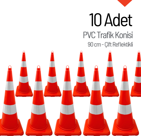 PVC Trafik Konisi 90 cm Çift Reflektikli 10 Adet Trafik Dubası - Image 1