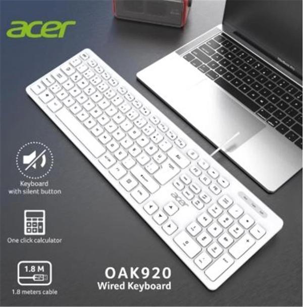 Acer OAK920 Q Usb Beyaz 1.8mt Kablolu Klavye-Tek Tuş Hesap Makinalı (Sessiz Tuş) - Image 1
