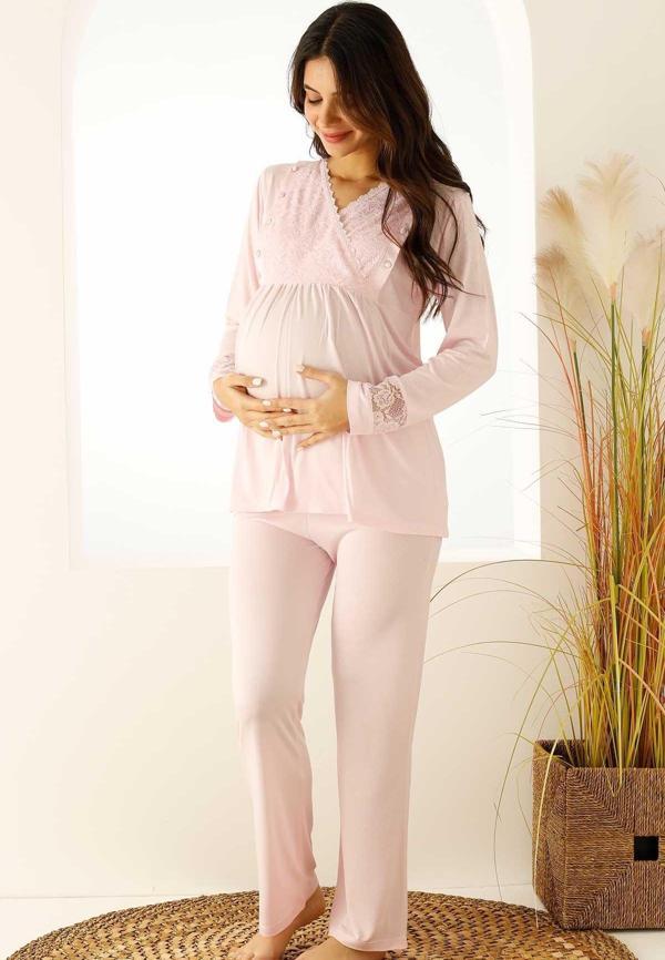 Premium Kutulu Emzirme Bölmeli Dantelli Hamile Lohusa Pijama Takımı - Image 1