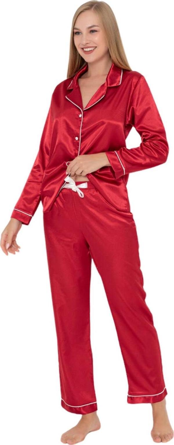 Faryanight İpek Saten Uzun Kollu Biyeli Düğmeli Gömlek Pijama Takımı - Image 1