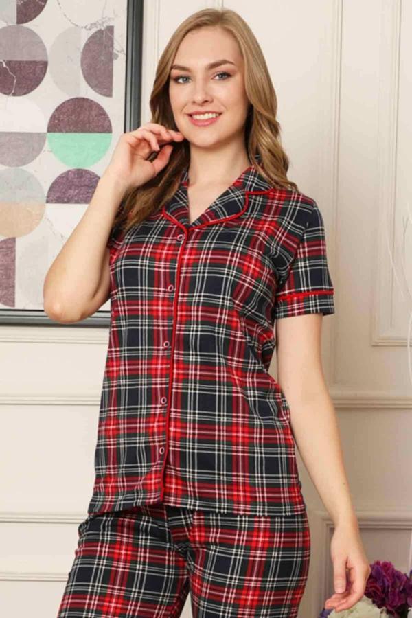 Dreamy Ekoseli Pamuklu Biyeli Kısa Kollu Gömlek Pijama Takımı - Image 1