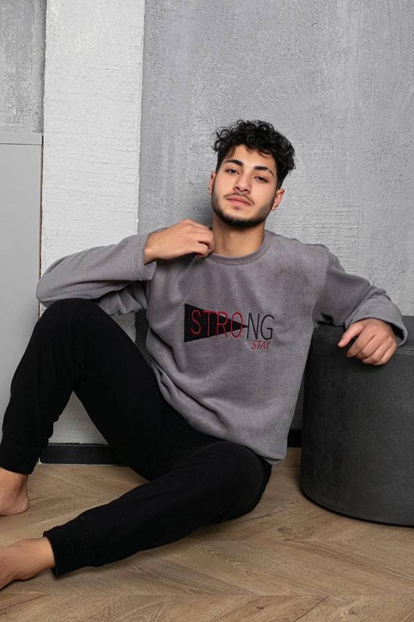 Luxury Soft Polar Yazı Detaylı Manşetli Paça Erkek Pijama Takımı - Image 1