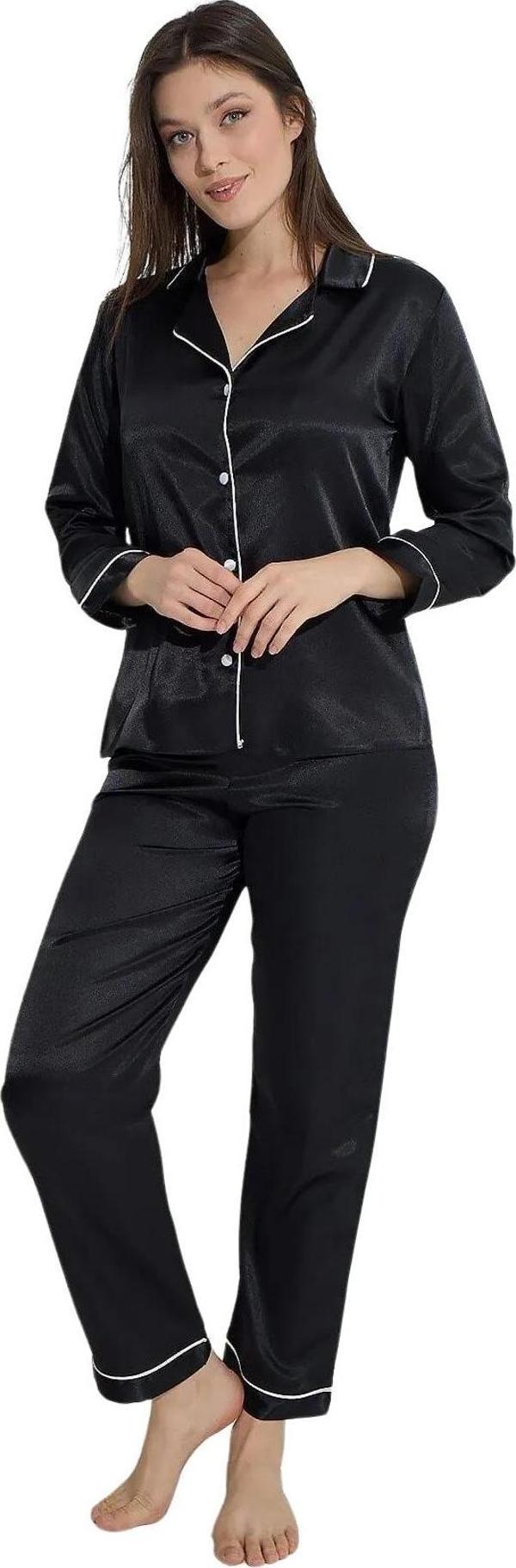 Faryanight İpek Saten Uzun Kollu Biyeli Düğmeli Gömlek Pijama Takımı - Image 1