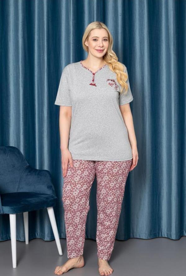 X-Dreamy Büyük Beden Pamuklu Düğmeli Yaka Kısa Kollu Pijama Takımı - Image 1