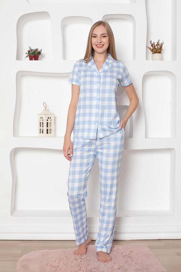 Exclusive Pamuklu Kareli Kısa Kollu Önden Düğmeli Gömlek Pijama Takımı - Image 1