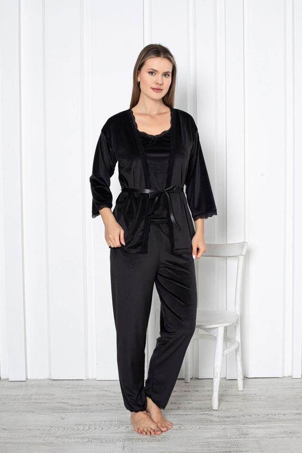 Dreamy Dantel Detaylı Kadife 3 Parça Sabahlıklı Pijama Takımı - Image 1