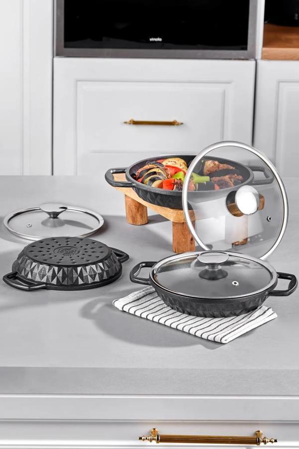 Taç Bella Döküm Cam Kapaklı 3'lü Sahan Seti 18-20-22 Cm TAC-8063 - Image 1