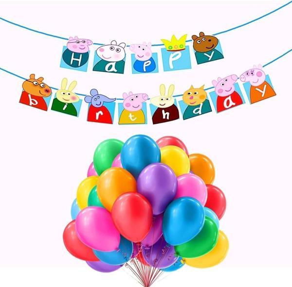 Parti Station Peppa Pig Happy Birthday Banner Ve Balon Doğum Günü Parti Seti Peppa Pig Flama - Image 1