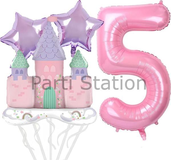 Parti Station Prenses Konsept 5 Yaş Pembe Renk Rakam Balon Set Prenses Evi Şato Balon Konsept Doğum Günü Balon Set - Image 1