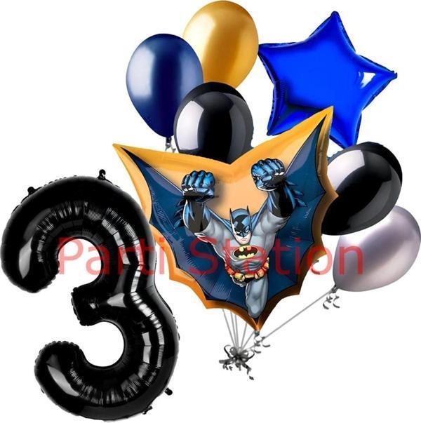 Parti Station Batman 3 Yaş Rakam Yıldız Balon Set Yarasa Adam Batman Doğum Günü Parti Balon Set - Image 1