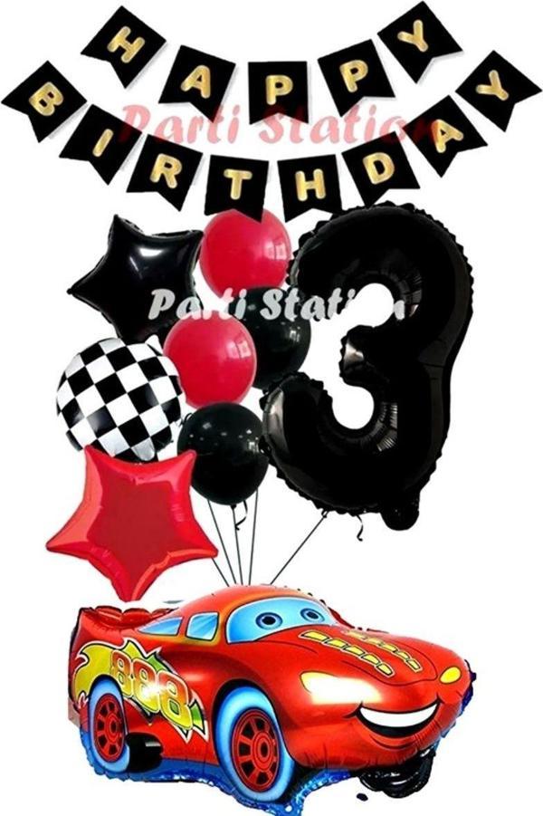 Parti Station Cars Şimşek Mcqueen Yarış Arabası Konsept 3 Yaş Balon Set Cars Doğum Günü Happy Birthday Balon Set - Image 1