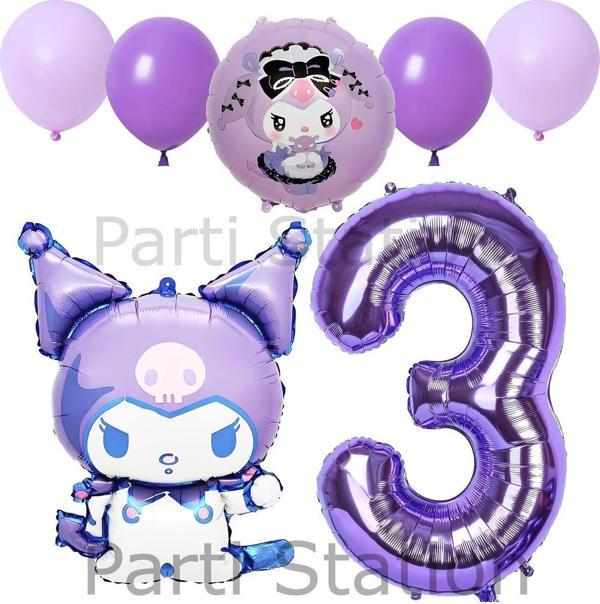 Parti Station Kuromi 3 Yaş Mor Balon Set Anime Sanrio Hello Kitty Kuromi Konsept Doğum Günü Balon Set - Image 1