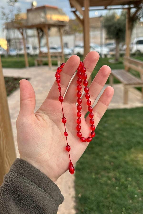 Usta İşi Düz Kırmızı Küçük Boy Ateş Kehribar Tesbih - Image 1